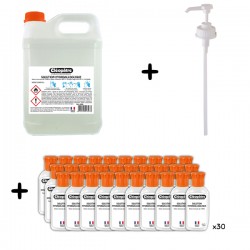 Kit Solution hydroalcoolique 5L avec pompe et flacons vides 50ml