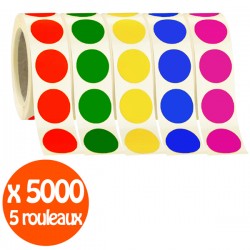 Lot de 5 rouleaux 5 couleurs gommettes rondes 25mm