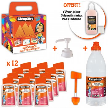 Schoolpack Colle Adhésive : 12 flacons pinceau 80g + recharge 500g + pompe + Cléotoo 100g offerte