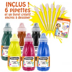 Set de 6 botes de tinta de dibujo de 250 ml: amarillo primario, rojo brillante, azul primario (cian), verde abeto, negro, siena