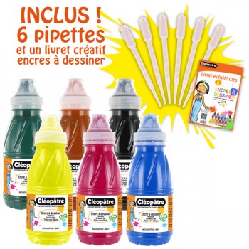 Set de 6 botes de tinta de dibujo de 250 ml: amarillo primario, rojo brillante, azul primario (cian), verde abeto, negro, siena