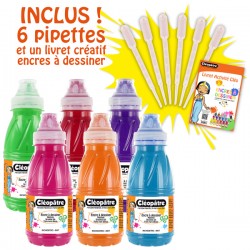 Set de 6 frascos en 250 ml Tinta de dibujo, Naranja, Turquesa, Rojo Carmín, Morado, Rosa Tiro, Verde Primavera
