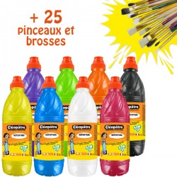 Lot de 8 peintures Gouache 1L + 25 pinceaux et brosses