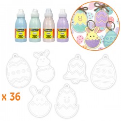Lot créatif Pâques 36 suspensions en carton à décorer + 4 flacons de peinture pailletée Pastel