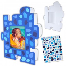 1 cadre puzzle en carton à décorer + 1 planche de 90 gommettes mosaïques bleues