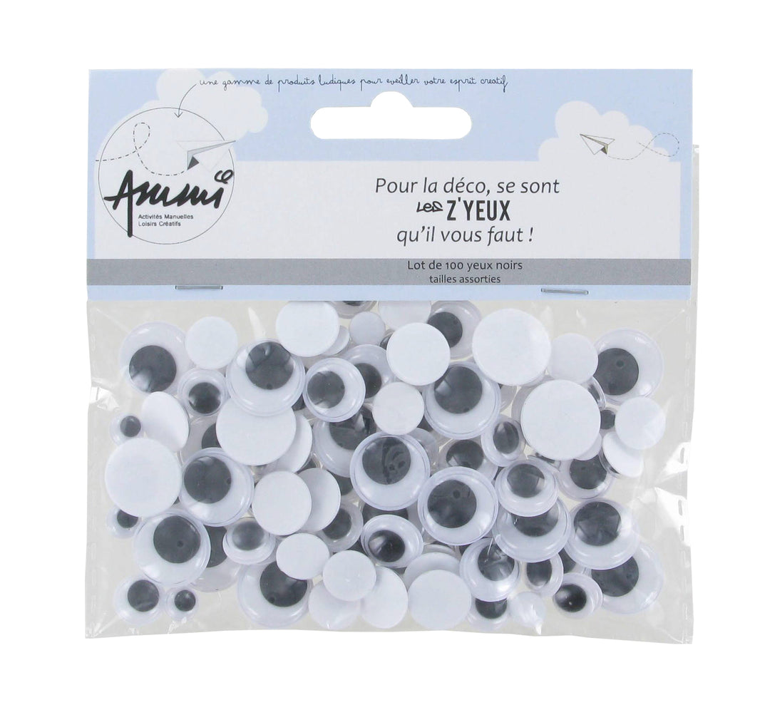 Assortiment de 100 yeux mobile adhésifs noir et blanc