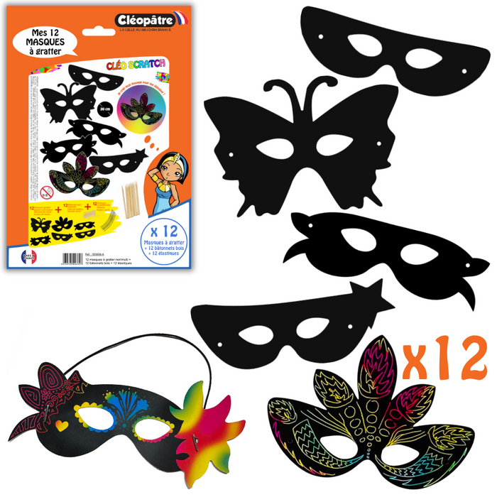12 masques à gratter noir/multi + 12 bâtonnets bois + 12 Élastiques