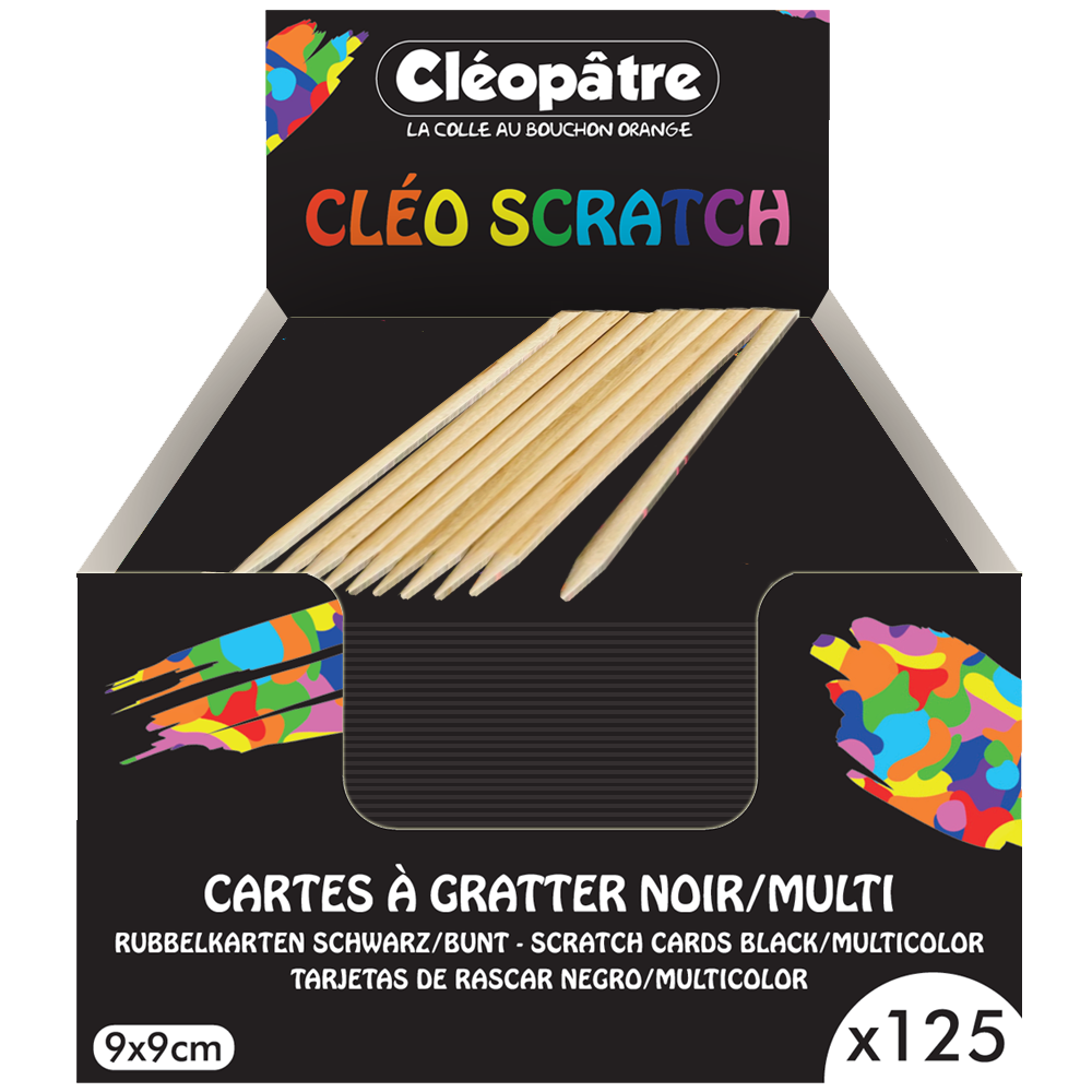 125 cartes à gratter noir/multi + 10 bâtonnets bois