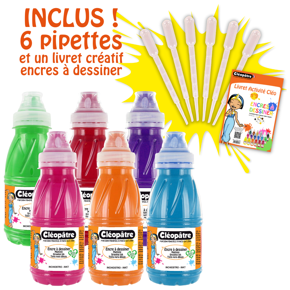 Lot de 6 flacons en 250 ml Encre à Dessiner, Orange, Turquoise, Rouge Carmin, Violet, Rose Tyrien, Vert Printemps
