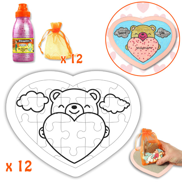 Lot créatif de 12 puzzles coeur en carton + 12 pochons + 1 flacon de gel pailleté coeur