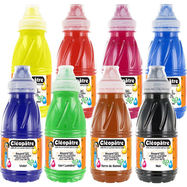 8 flacons Aquarel'Gel 250ml : Jaune Primaire, Rouge Vif, Rouge Primaire, Bleu Primaire, Violet, Vert, Terre de Sienne, Noir