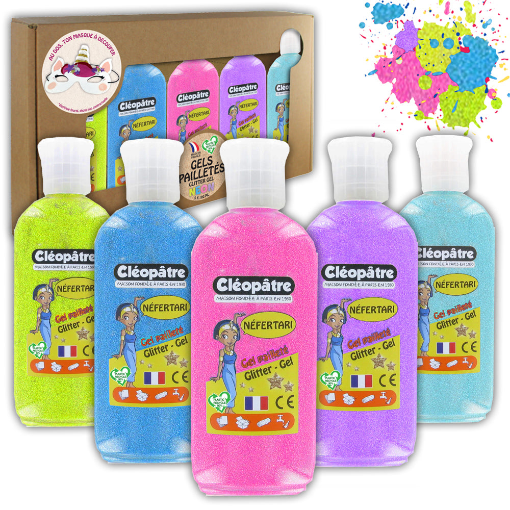 Coffret de 5 flacons de gel pailletés Néon 100ml + 1 masque