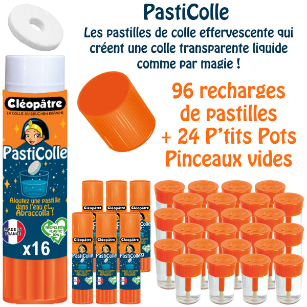 SCHOOLPACK PastiColle : 96 recharges de pastilles + 24 P’tits Pots Pinceaux vides