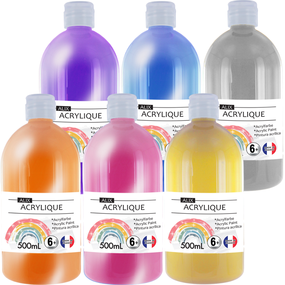 Peinture Acrylique ALIX 6 Couleurs Métallisées et Nacrées en 500ml