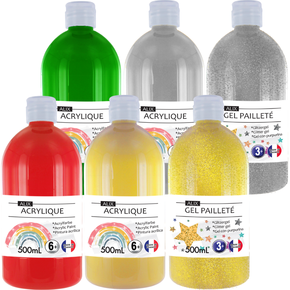 Peinture Acryliques & Gel Pailleté ALIX 6 Couleurs de Noël 500ml