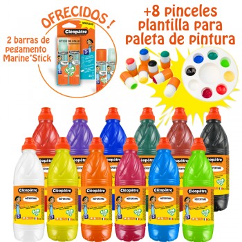 Lot de 12 Gouache Néfertari + palette + 8 pinceaux pochoirs + 2 Marine'stick de 15g