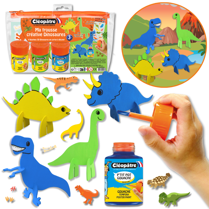 Ma Trousse Créative Dinosaures, 4 figurines 3D en carton Épais à décorer + 3 p'tits pots pinceau + 1 planche de gommettes