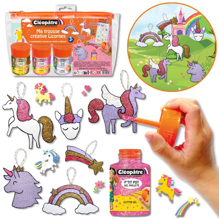 Ma Trousse Créative Licornes, 6 suspensions en carton Épais à décorer + 3 p'tits pots pinceau + 1 planche de gommettes.