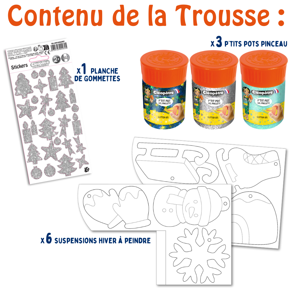 Ma Trousse Créative de Noël Féérique, 6 suspensions de Noël en carton Épais à décorer + 3 p'tits pots pailletés + gommettes