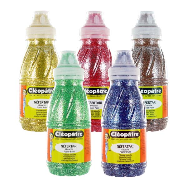 Lot de 5 flacons en 250 ml de Peinture Pailletée: Jaune Or, Rouge, Terre de Sienne, Vert lumière et Bleu Outremer