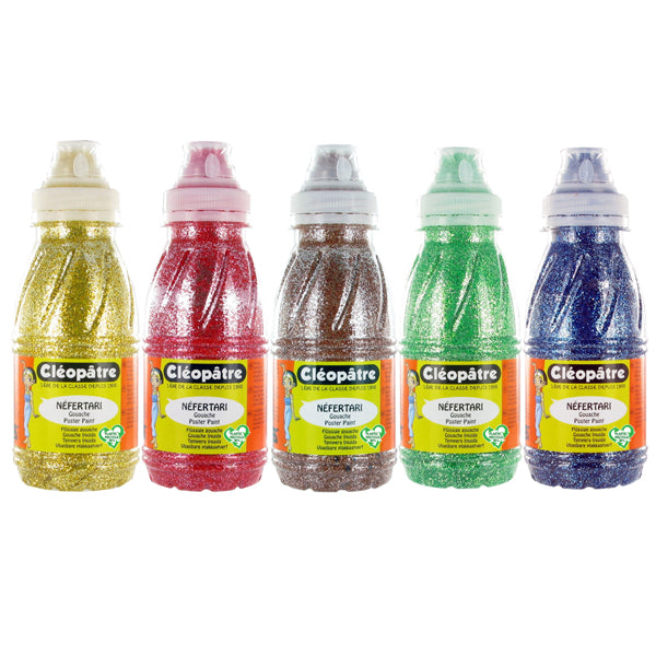 Lot de 5 flacons en 250 ml de Peinture Pailletée: Jaune Or, Rouge, Terre de Sienne, Vert lumière et Bleu Outremer