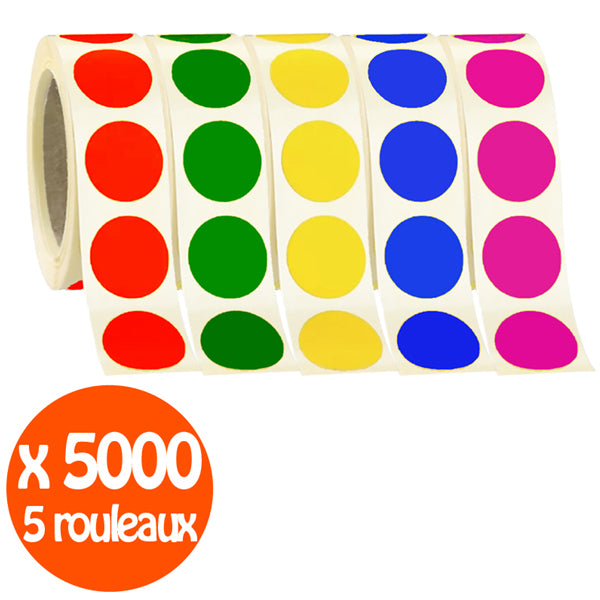 Lot de 5 rouleaux 5 couleurs gommettes rondes 25mm