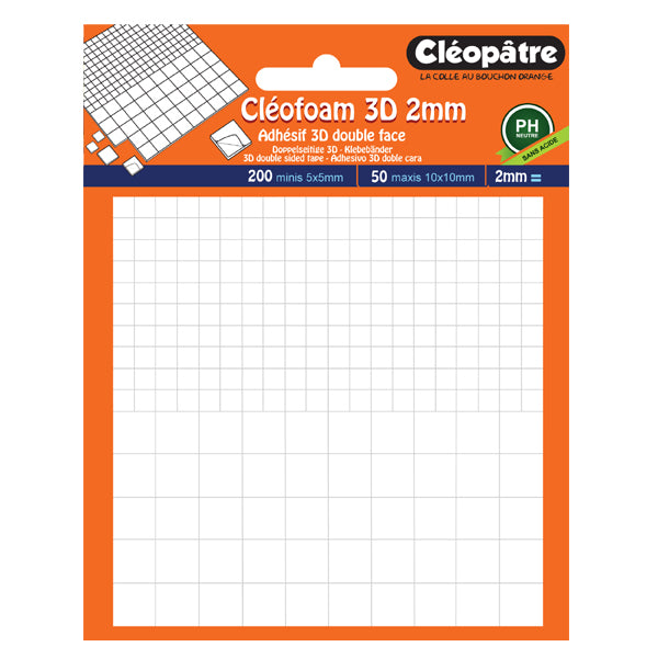 Cléofoam carrés mousse en 2 mm d'épaisseur prédécoupé (200 minis + 50 maxis)