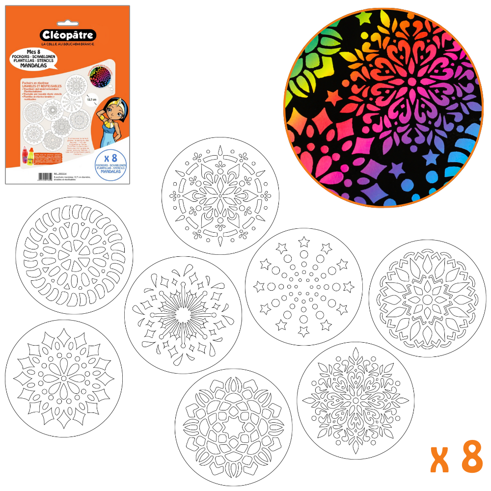 8 pochoirs mandalas 12,7cm diamètre, lavables et réutilisables