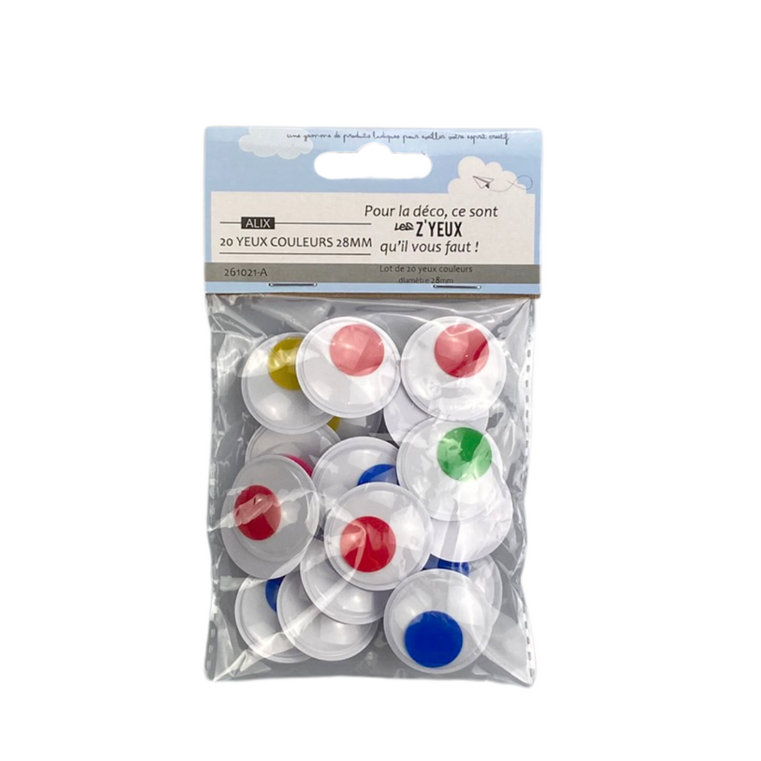 Sachet de 20 yeux adhésifs colorés 28 mm