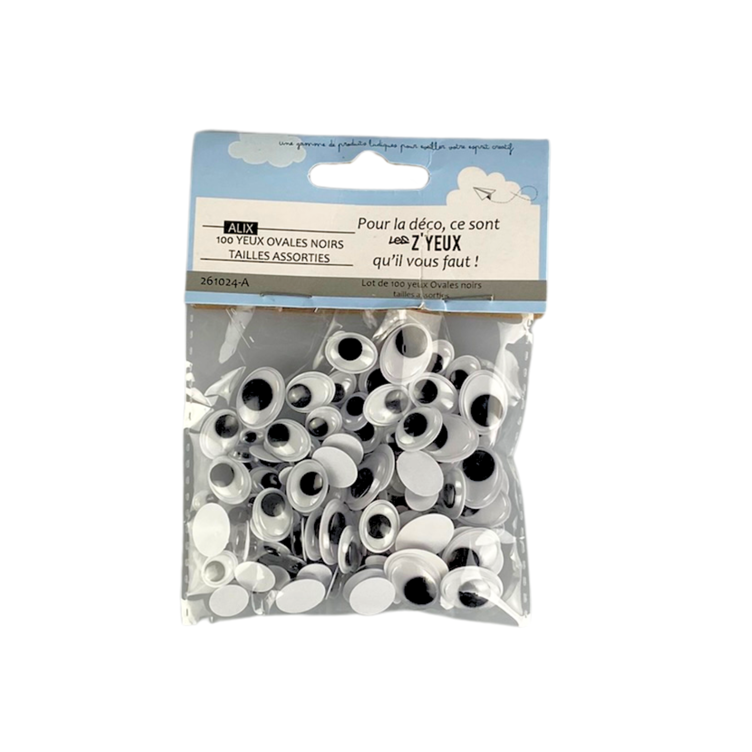 Sachet de 100 yeux ovales adhésifs noirs - tailles assorties