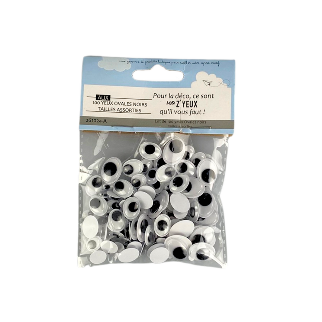 Sachet de 100 yeux ovales adhésifs noirs - tailles assorties