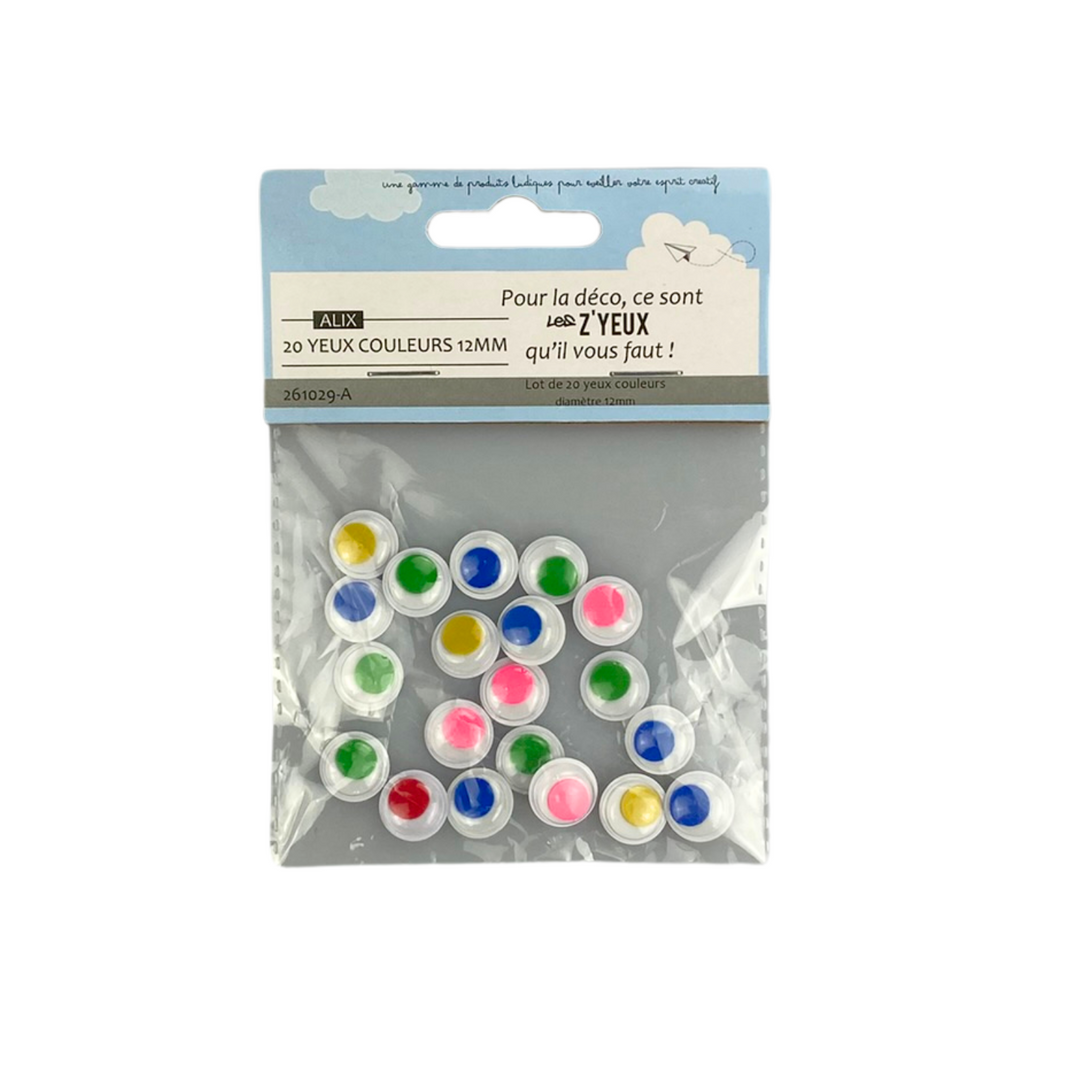 Sachet de 20 yeux adhésifs colorés 12 mm