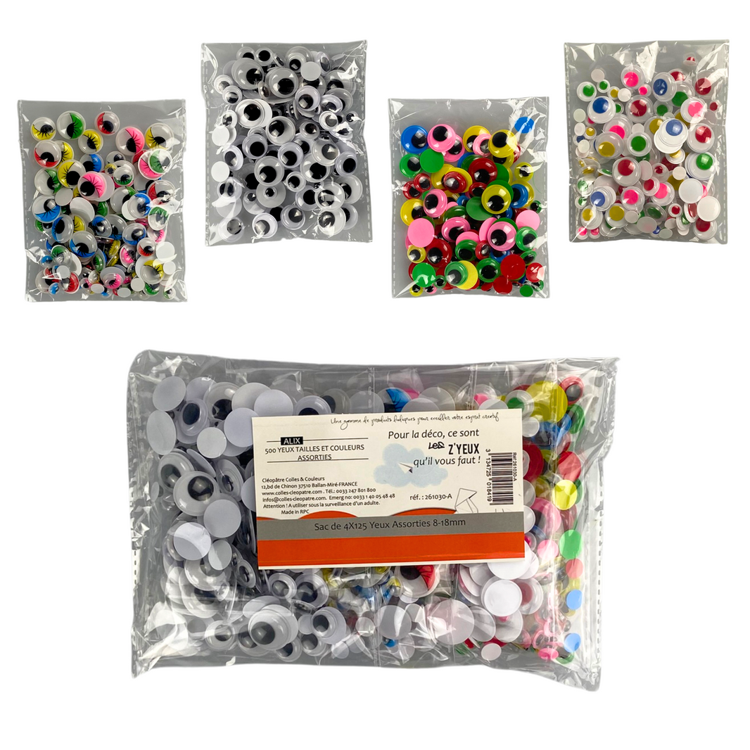 Sachet de 500 yeux multicolores - tailles assorties