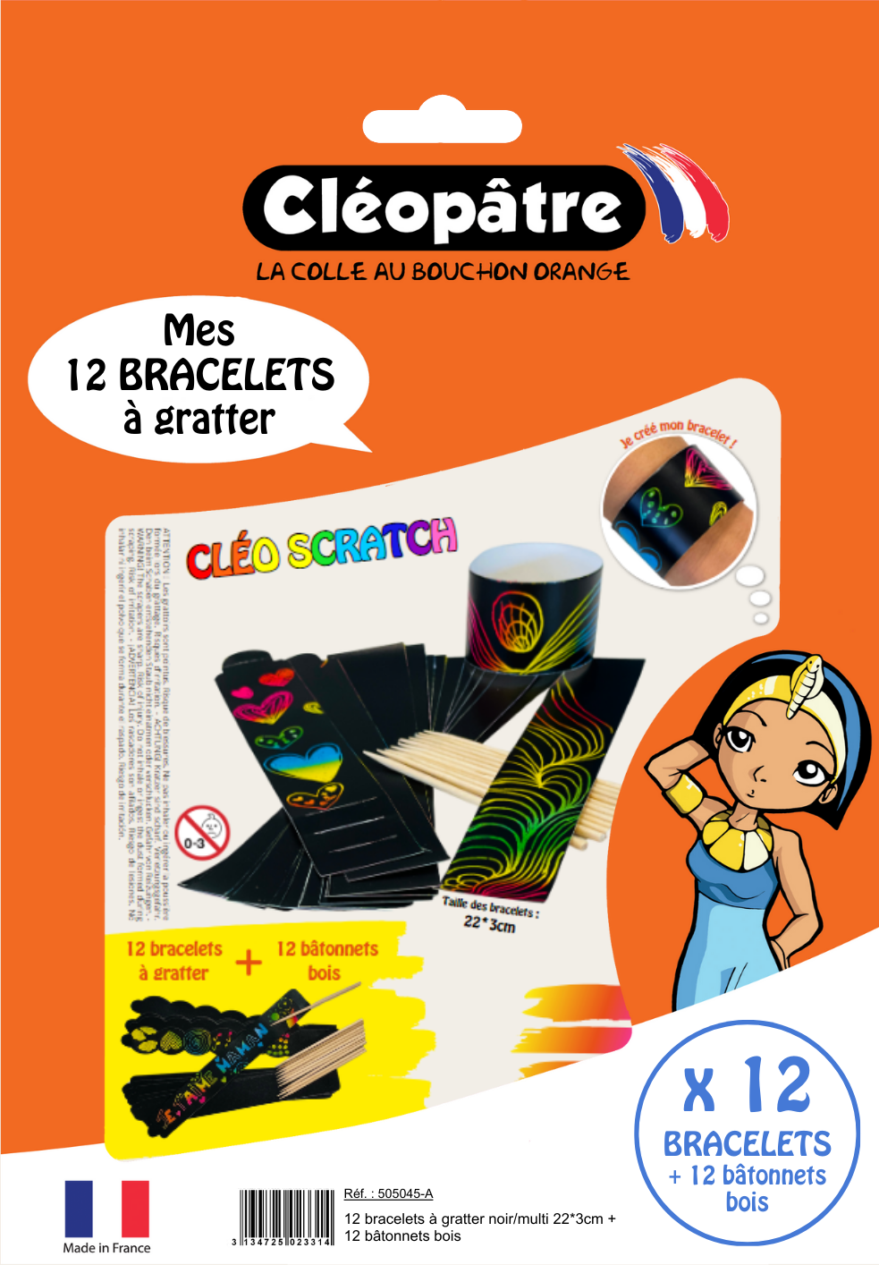 12 bracelets à gratter noir/multi + 12 bâtonnets bois