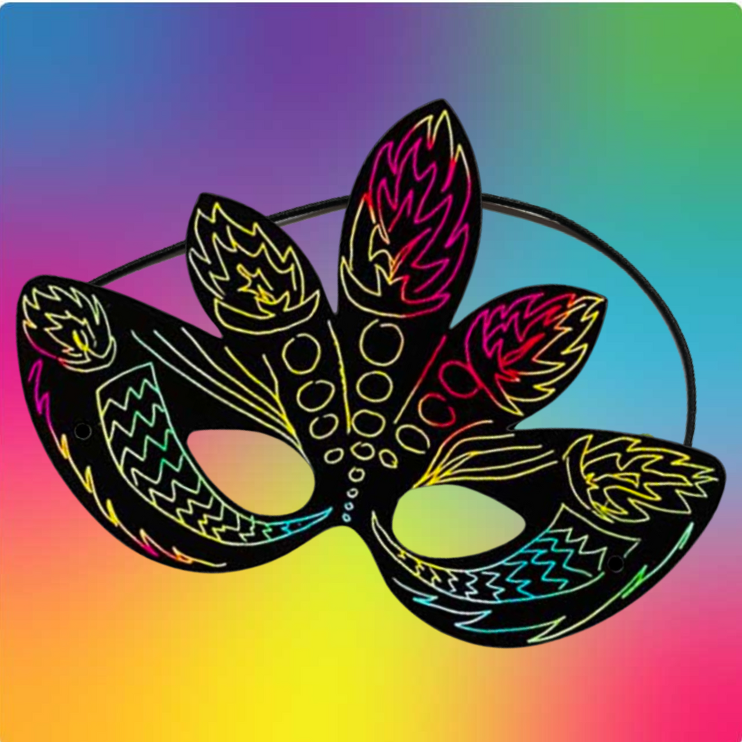 12 masques à gratter noir/multi + 12 bâtonnets bois + 12 Élastiques