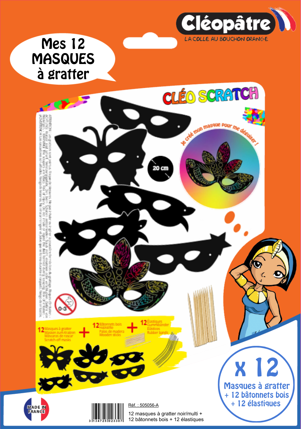 12 masques à gratter noir/multi + 12 bâtonnets bois + 12 Élastiques
