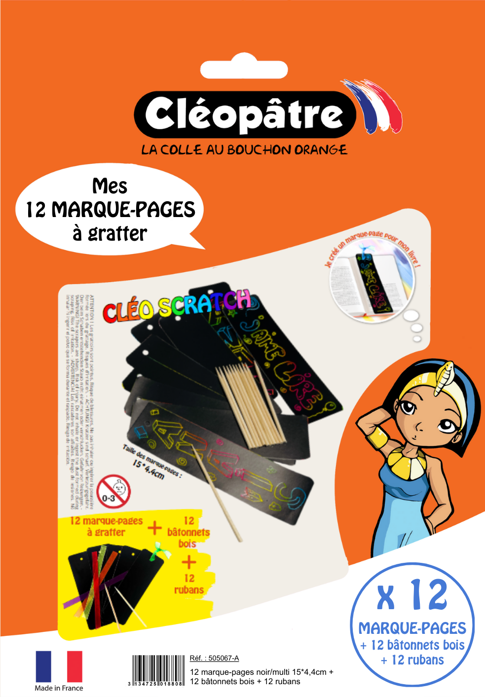 12 marque-pages à gratter noir/multi + 12 bâtonnets bois + 12 rubans