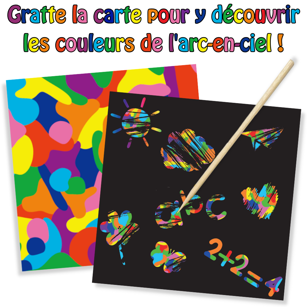 125 cartes à gratter noir/multi + 10 bâtonnets bois