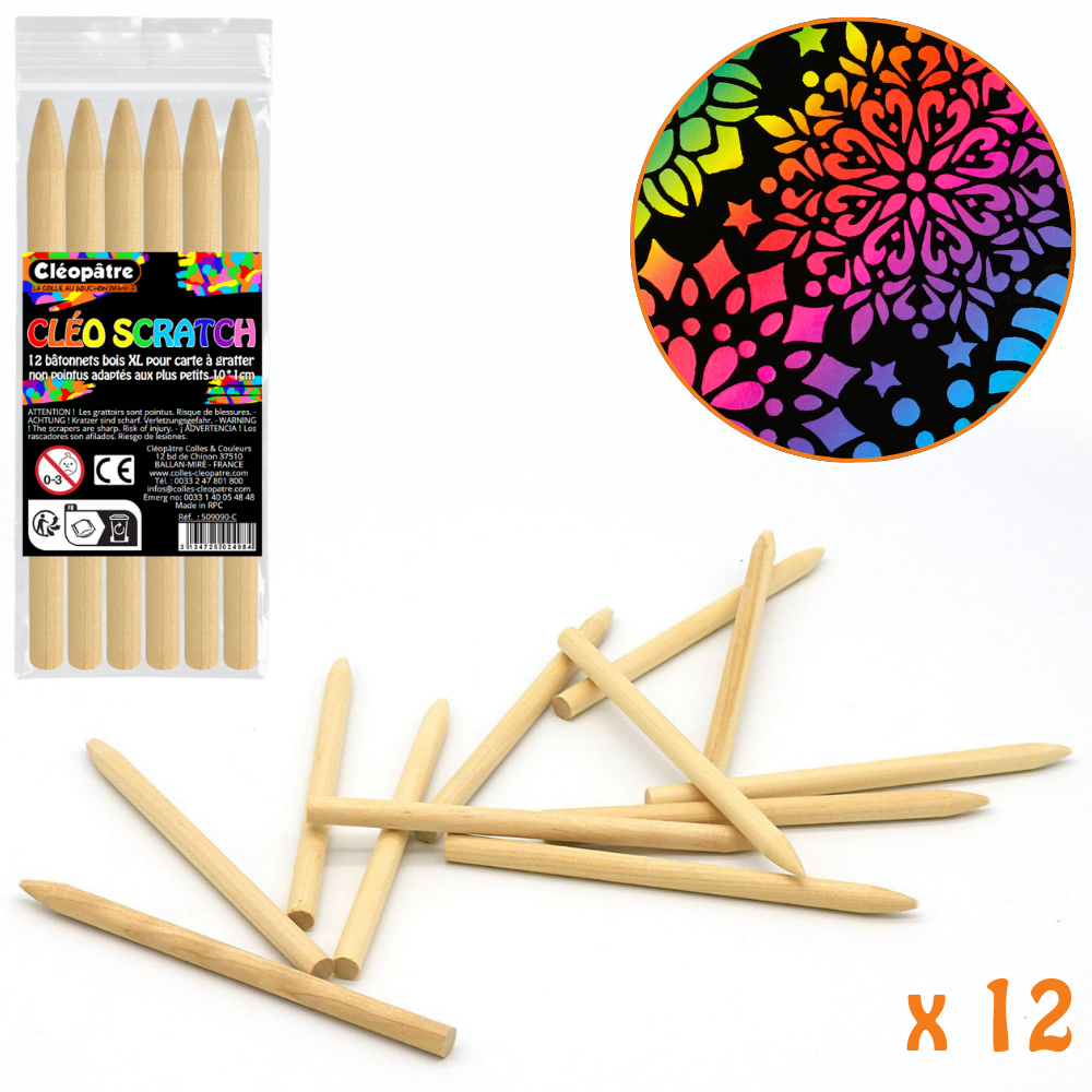 12 bâtonnets bois XL pour carte à gratter non pointus adaptés aux plus petits 10*1cm