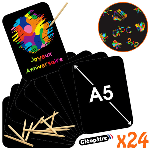 24 cartes à gratter A5 250g aux coins arrondis, noir/multi