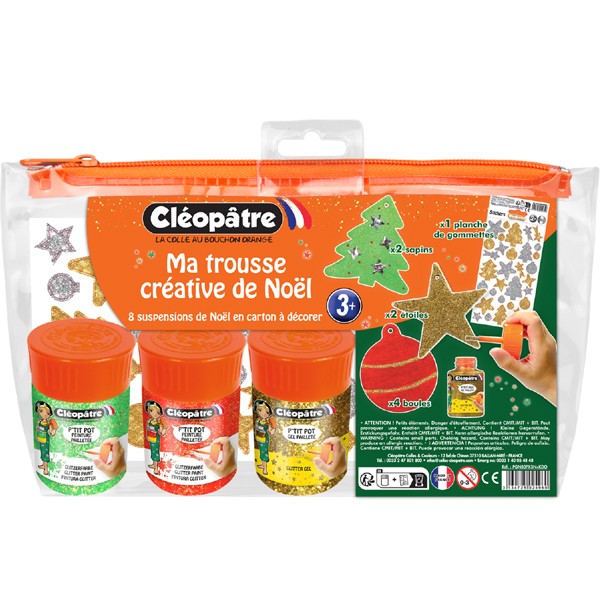 Ma Trousse Créative de Noël, 8 suspensions de Noël en carton Épais à décorer + 3 p'tits pots pailletés + 1 planche de gommettes