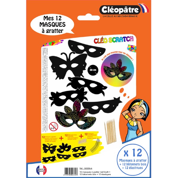 12 masques à gratter noir/multi + 12 bâtonnets bois + 12 Élastiques