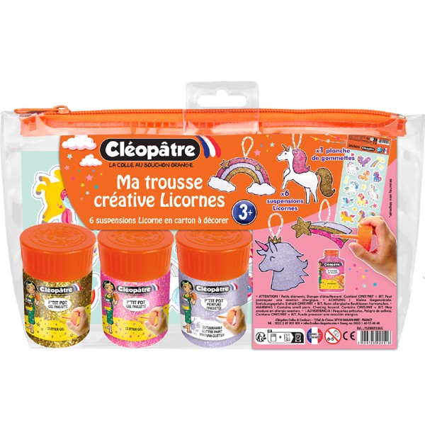 Ma Trousse Créative Licornes, 6 suspensions en carton Épais à décorer + 3 p'tits pots pinceau + 1 planche de gommettes.