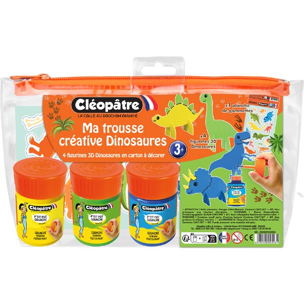 Ma Trousse Créative Dinosaures, 4 figurines 3D en carton Épais à décorer + 3 p'tits pots pinceau + 1 planche de gommettes