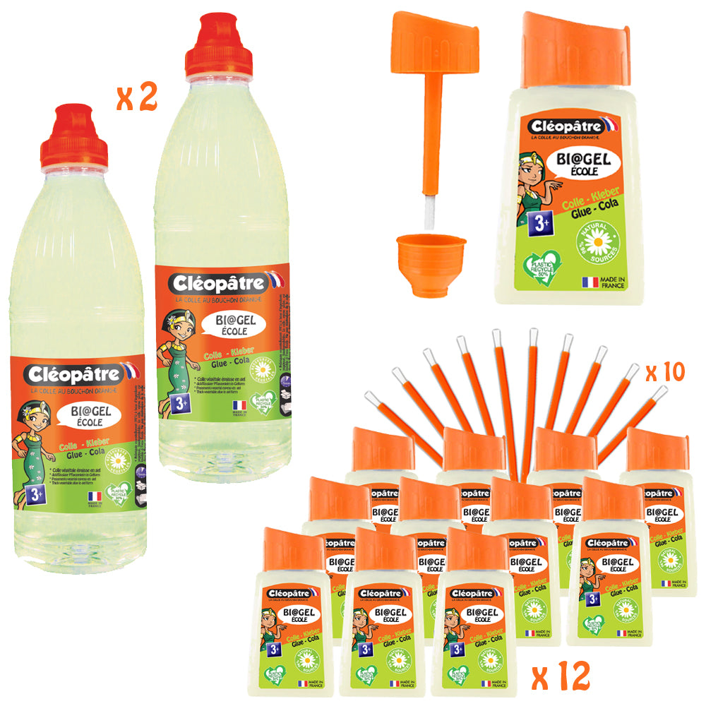 Schoolpack Colle Bi@Gel’école : 12 flacons pinceaux 80ml + 2 flacons 1L + 10 pinceaux colle