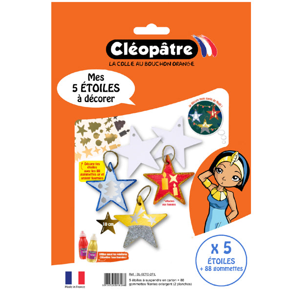5 étoiles en carton à décorer +  88 gommettes fêtes or et argent