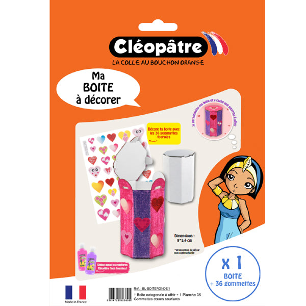 1 boîte octogonale en carton à décorer + 36 gommettes coeurs souriants
