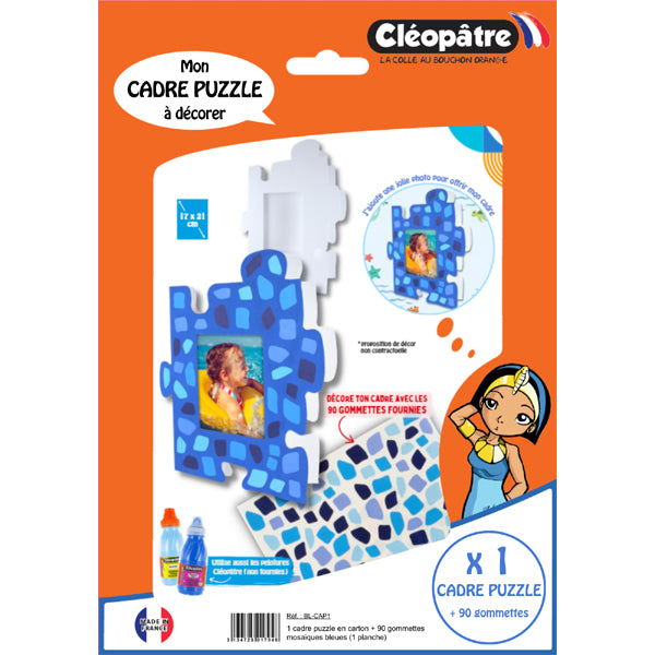 1 cadre puzzle en carton à décorer + 1 planche de 90 gommettes mosaïques bleues