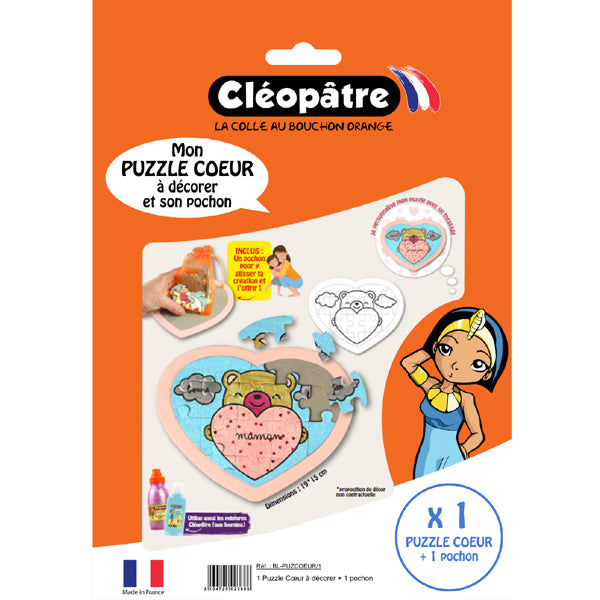 1 puzzle coeur en carton à décorer + 1 pochon pour offrir