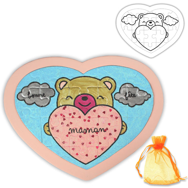 1 puzzle coeur en carton à décorer + 1 pochon pour offrir